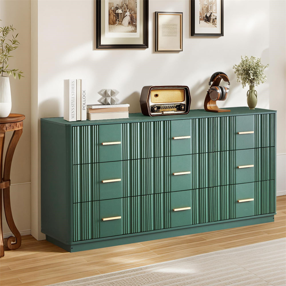Green 9 drawers dresser with decorative items in a room setting