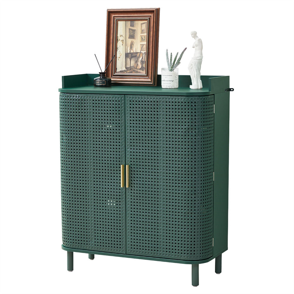 Green cabinet with decorative items on a white background