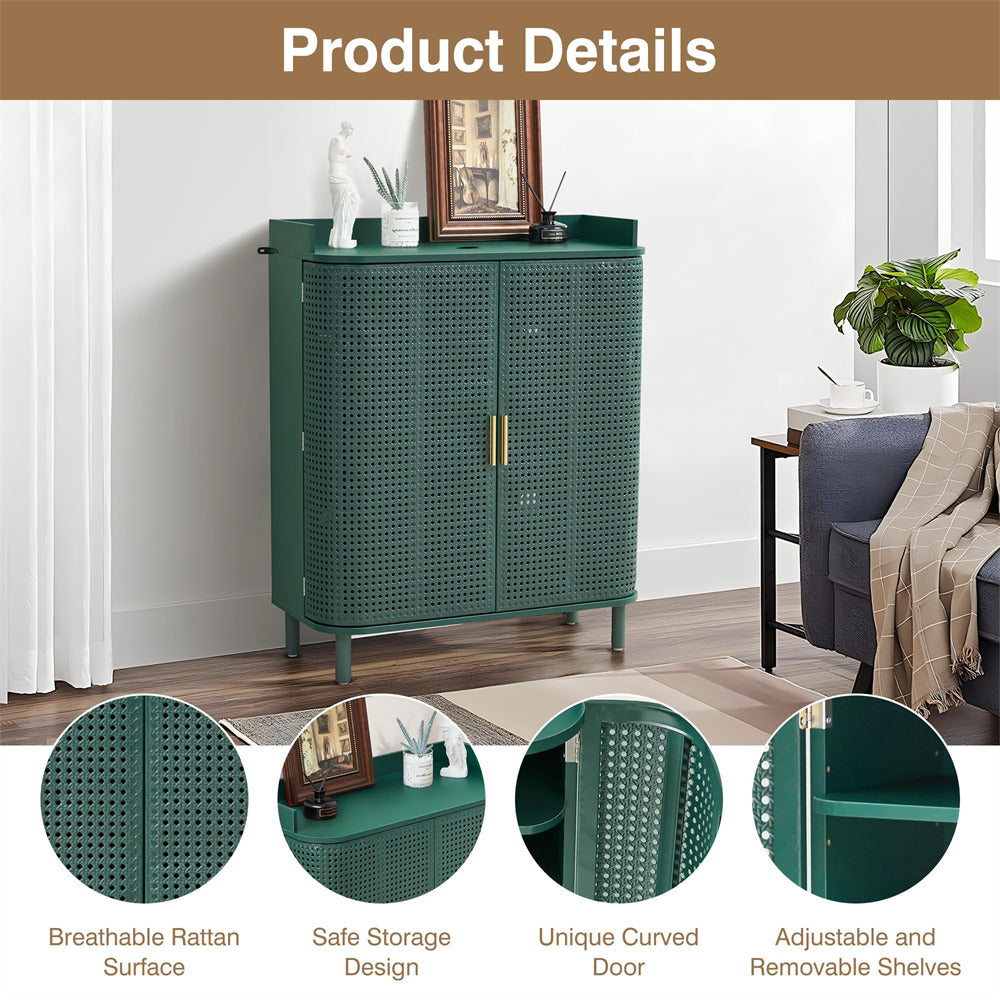 Green rattan cabinet with detailed features in a living room setting