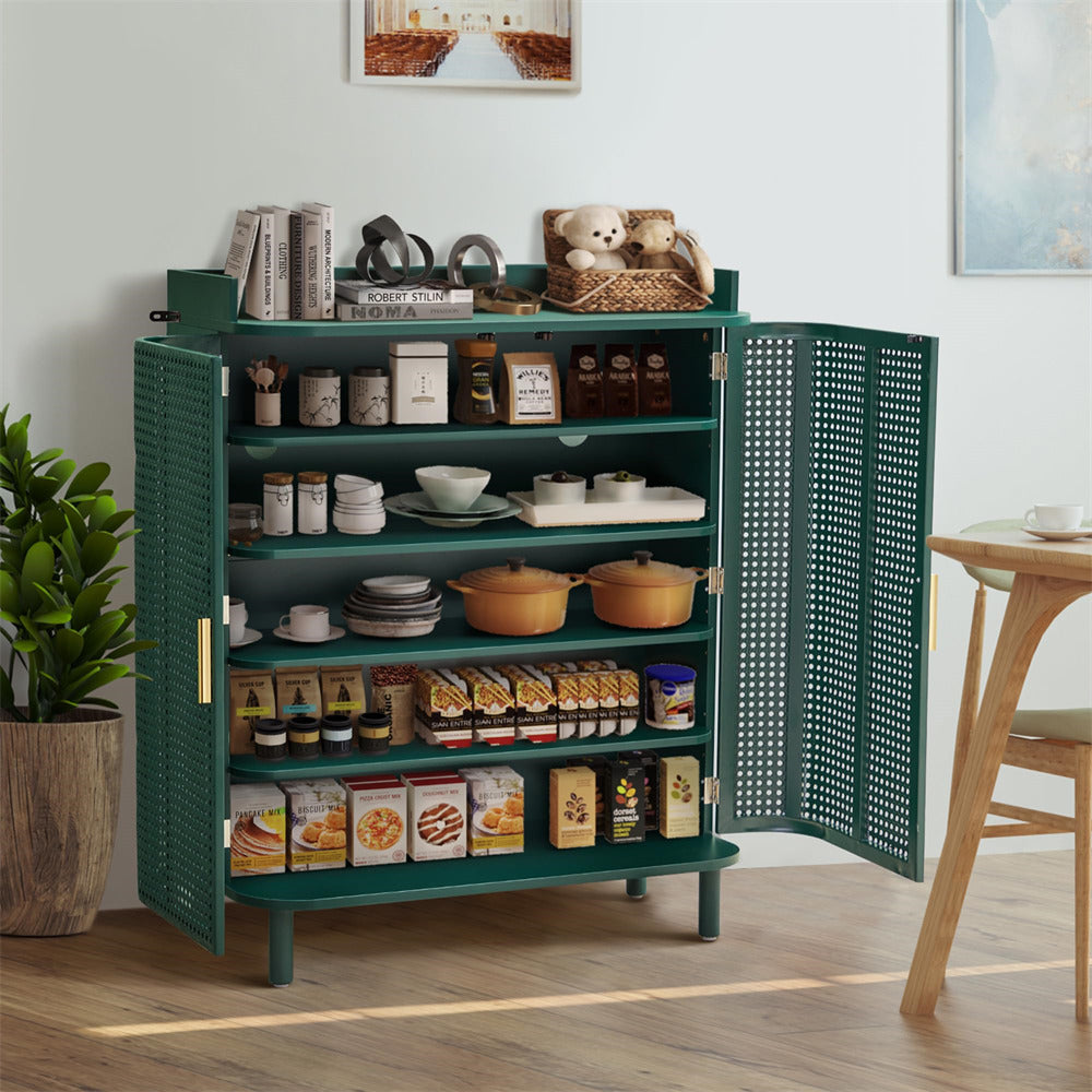 Green storage cabinet with open doors displaying various items in a room.