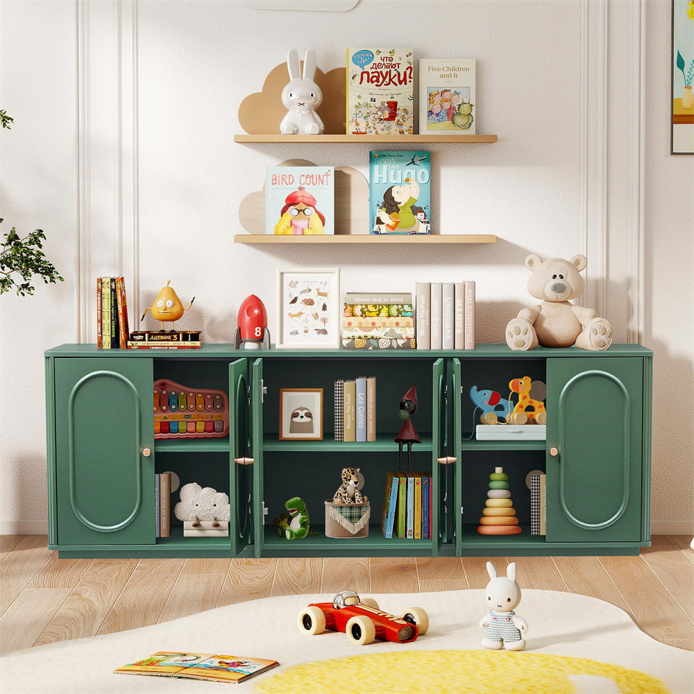 Children's room with green cabinet, books, toys, and decorative items on shelves.