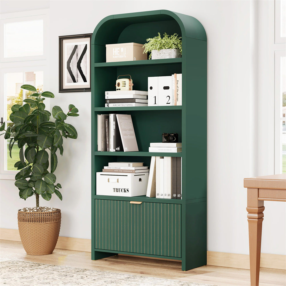 Green 70" Tall 5-Tier Arched Bookshelf Freestanding Display Storage Cabinet with Fluted Carved Drawer