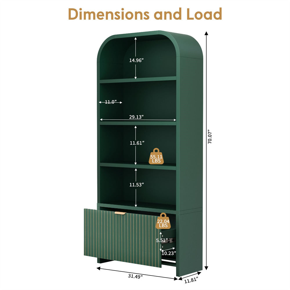 A dark green bookcase with a slatted front door and four open shelves, shown with overlaid dimension lines and text reading 'Dimensions and Load' on a white background.