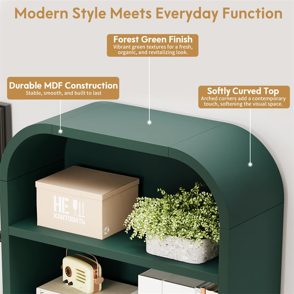 A dark forest green modern arched open shelf cabinet with two shelves, styled with a beige storage box, a potted green plant, and a retro cream radio. The image includes text callouts highlighting its features: 'Forest Green Finish,' 'Durable MDF Construction,' and 'Softly Curved Top,' under the heading 'Modern Style Meets Everyday Function.