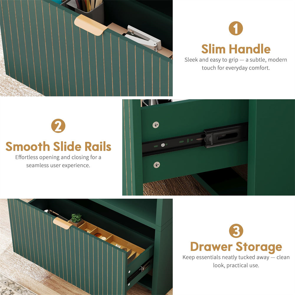 Three-panel product feature graphic for a green drawer organizer with vertical gold stripes. Text callouts describe a slim handle, smooth slide rails, and drawer storage, with close-up views of the front, drawer hardware, and interior storage.