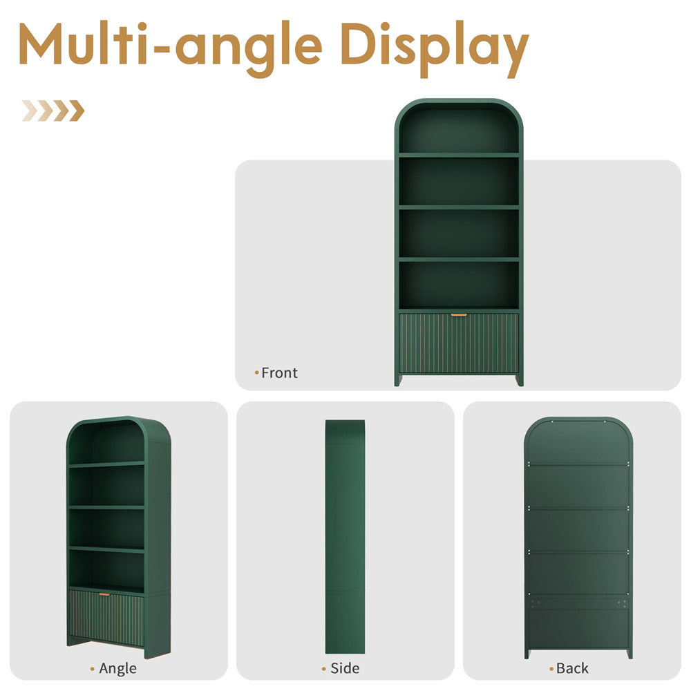 Green 70" Tall 5-Tier Arched Bookshelf Freestanding Display Storage Cabinet with Fluted Carved Drawer
