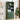 Green bookshelf with decorative items in a room with a plant and wall art.