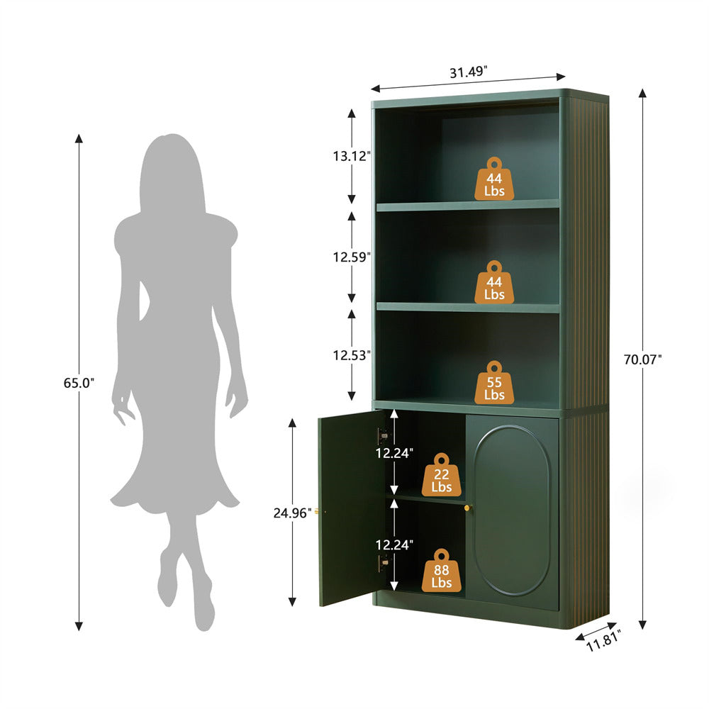 Green bookshelf with measurements and weight indicators, next to a silhouette of a person for scale.