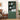 Green bookshelf with decorative items in a room with a bed and side table.
