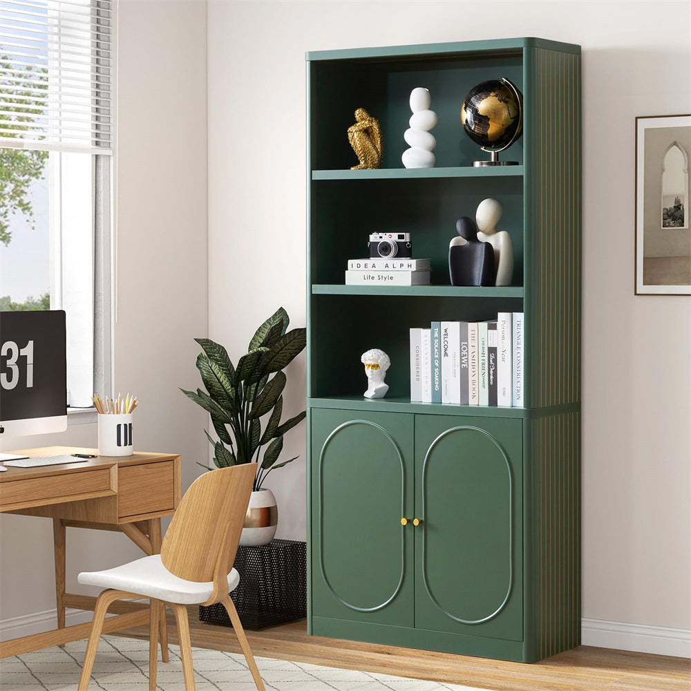 Green bookshelf with decorative items in a room with a desk and window.