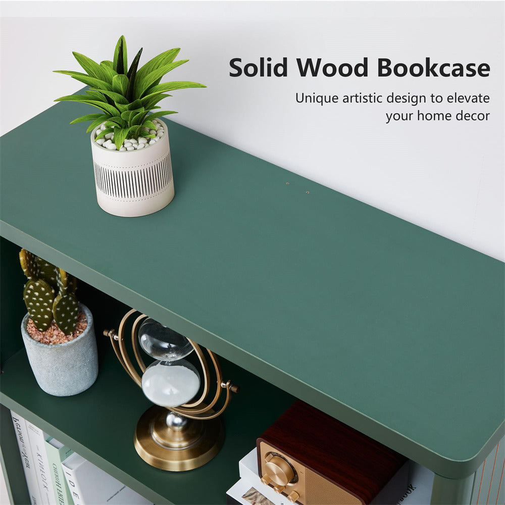 Green solid wood bookcase with decorative items on a white background