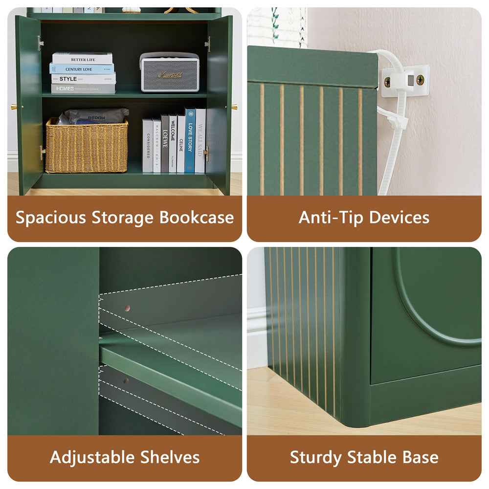 Green storage bookcase with shelves, anti-tip devices, adjustable shelves, and sturdy base.