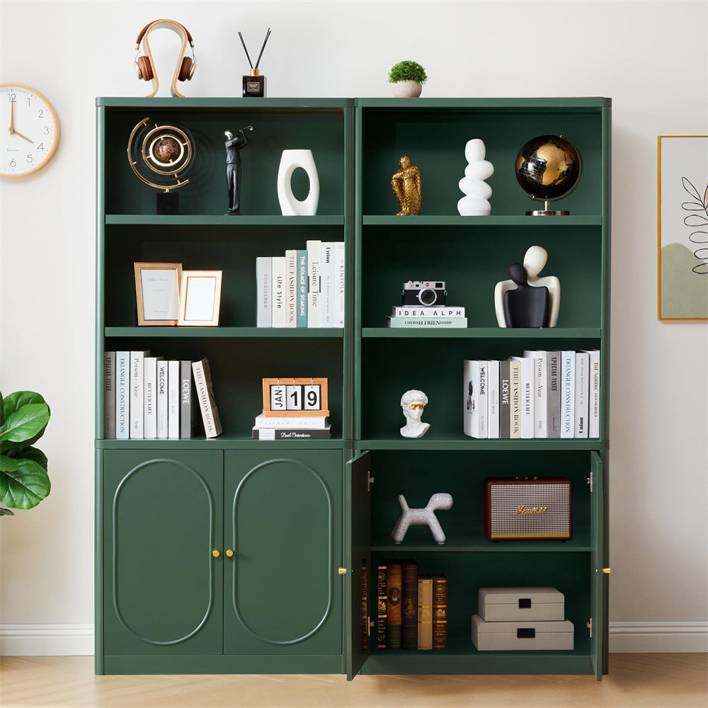Green bookshelf with decorative items in a room setting