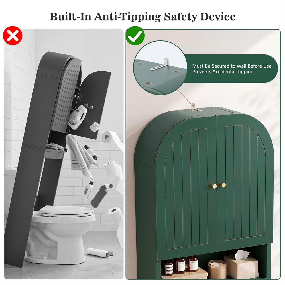 Comparison of a leaning cabinet and a securely mounted green cabinet with built-in anti-tipping safety device.