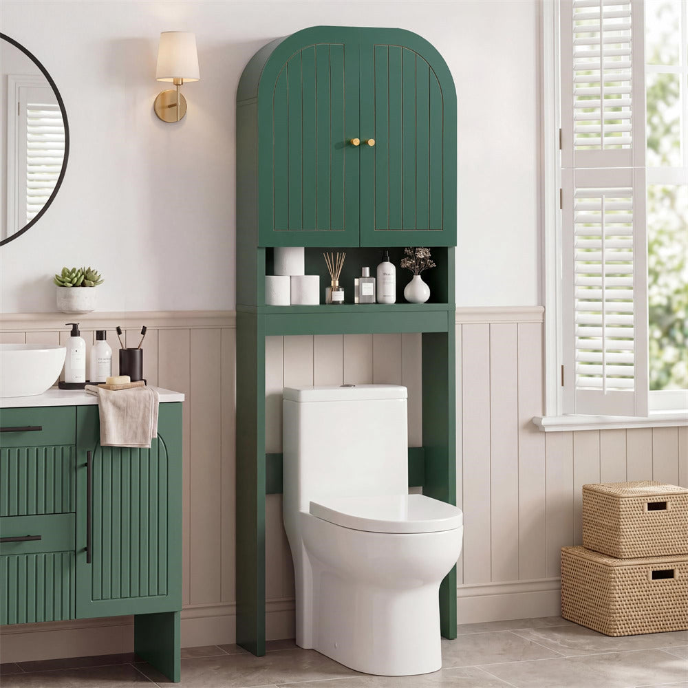 Green 70" Tall Over Toilet Storage Cabinet with Fluted Grooved Doors