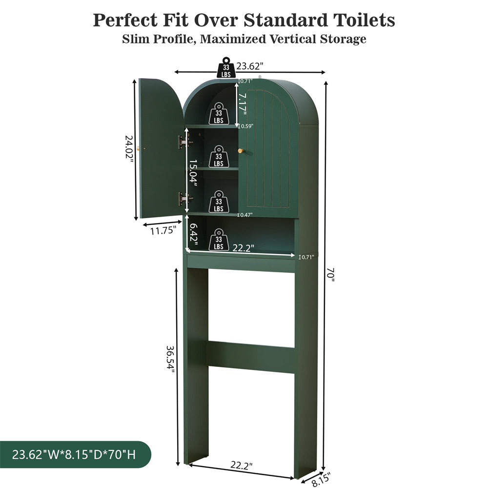 Green 70" Tall Over Toilet Storage Cabinet with Fluted Grooved Doors