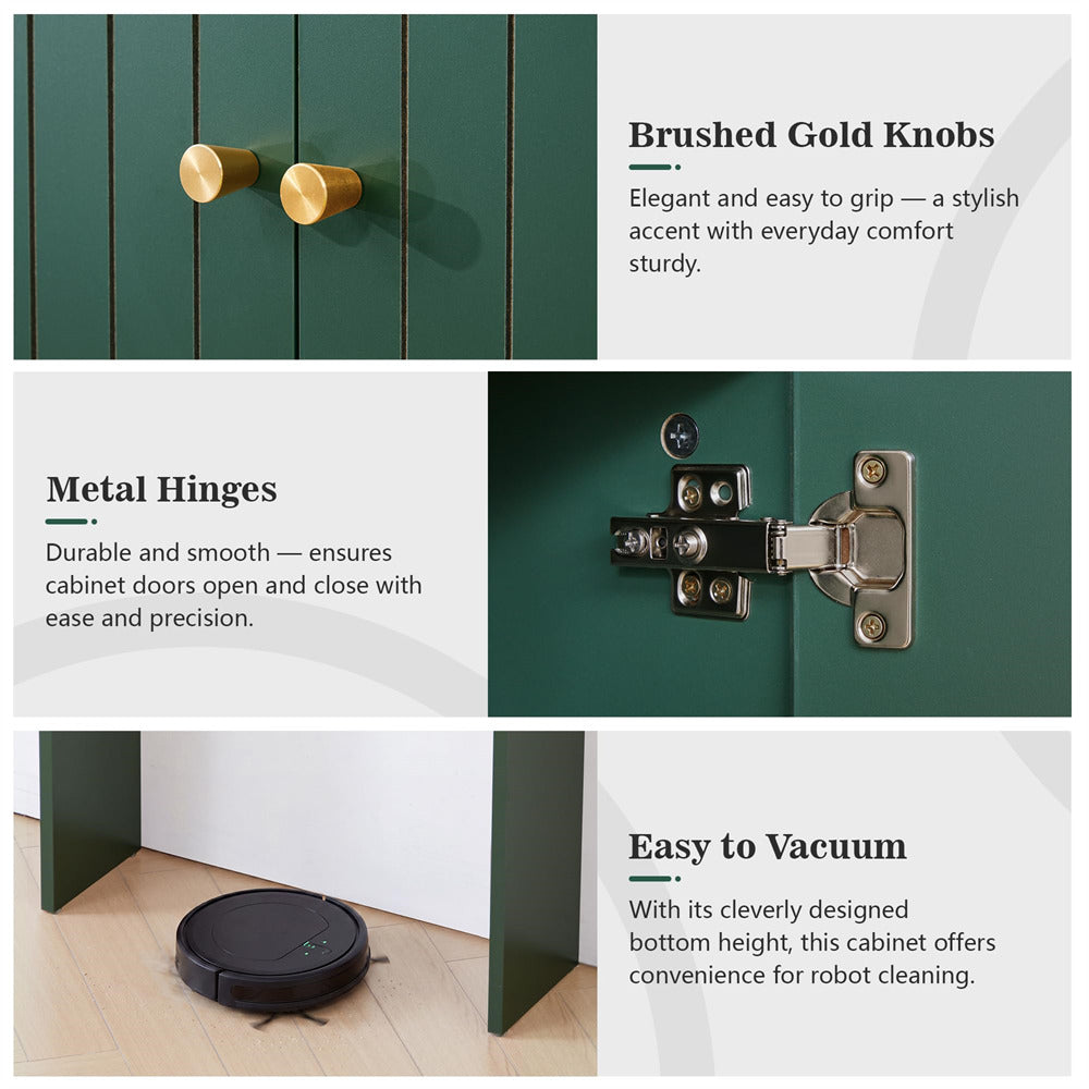 Collage of cabinet details with brushed gold knobs, metal hinges, and robot vacuum cleaner.