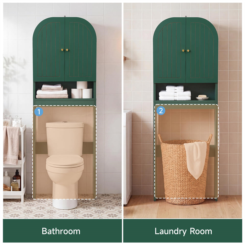 Green storage cabinet with shelves in a bathroom and laundry room setting.
