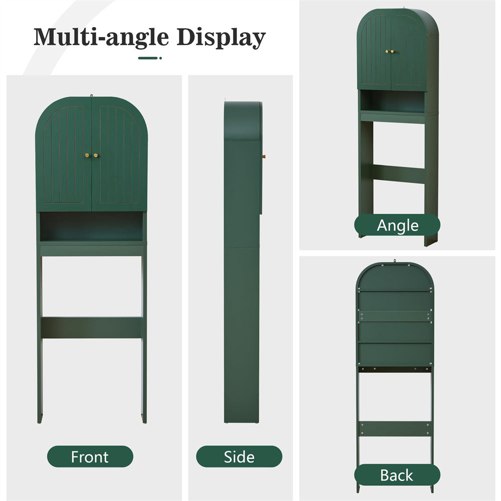Green display stand shown from front, side, and back angles on a white background.