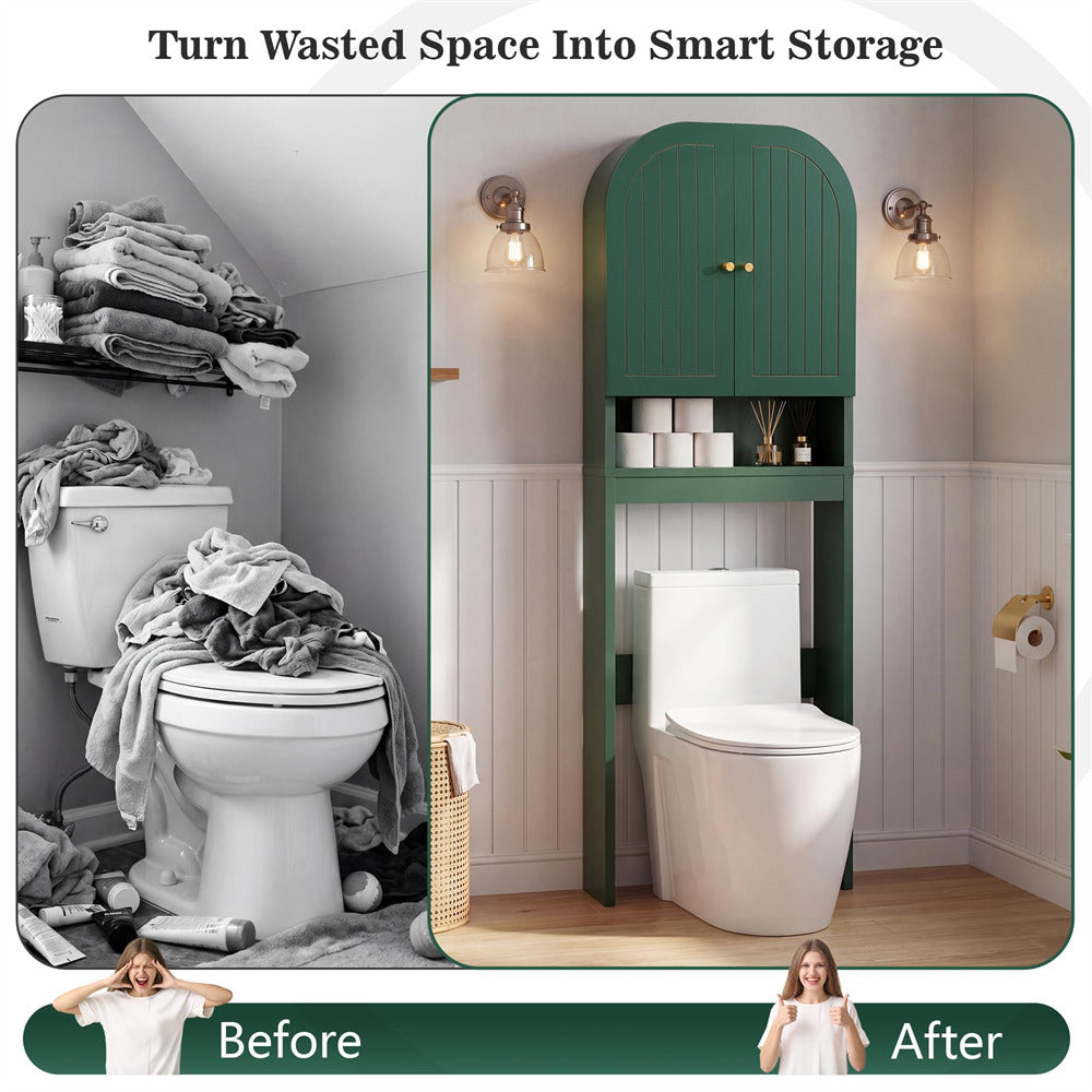 Before and after comparison of a bathroom with a green storage unit.