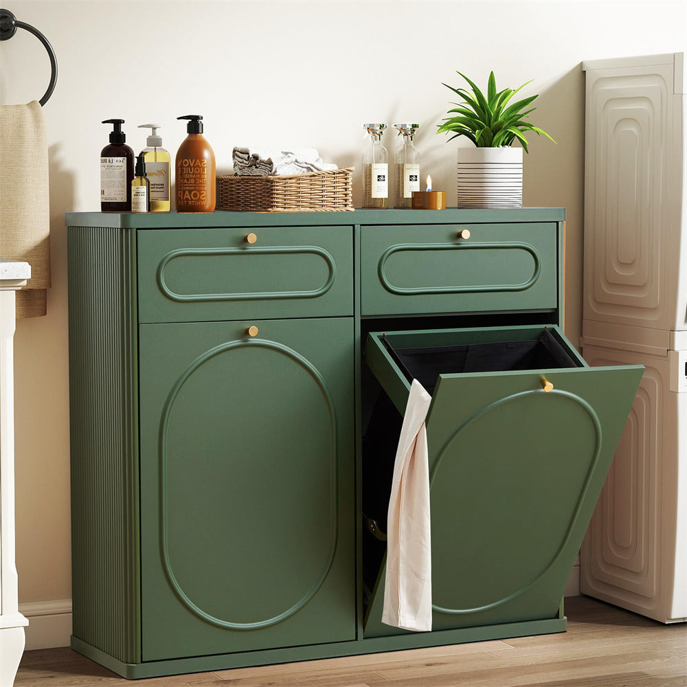 Green laundry basket with open door in a bathroom setting