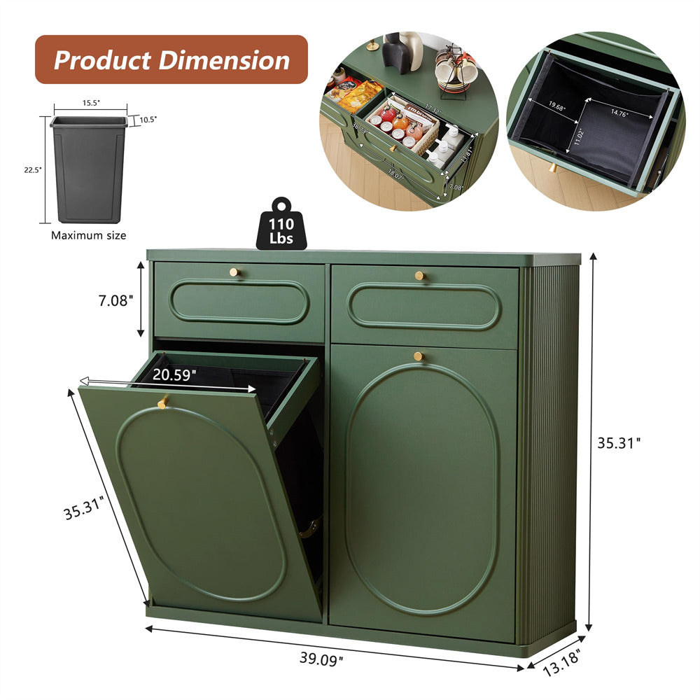 Green storage cabinet with dimensions and product dimensions label