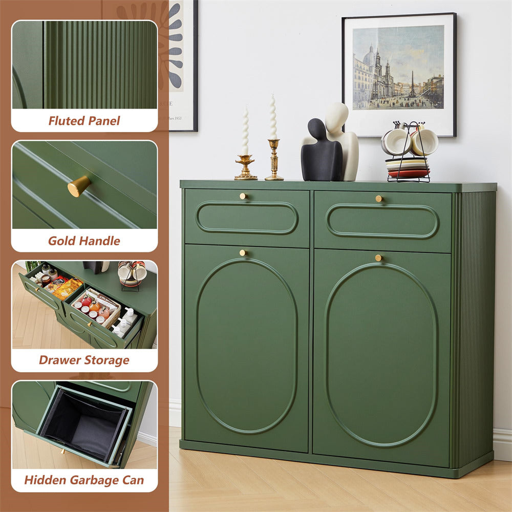 Green cabinet with fluted panels, gold handles, and hidden garbage can feature.