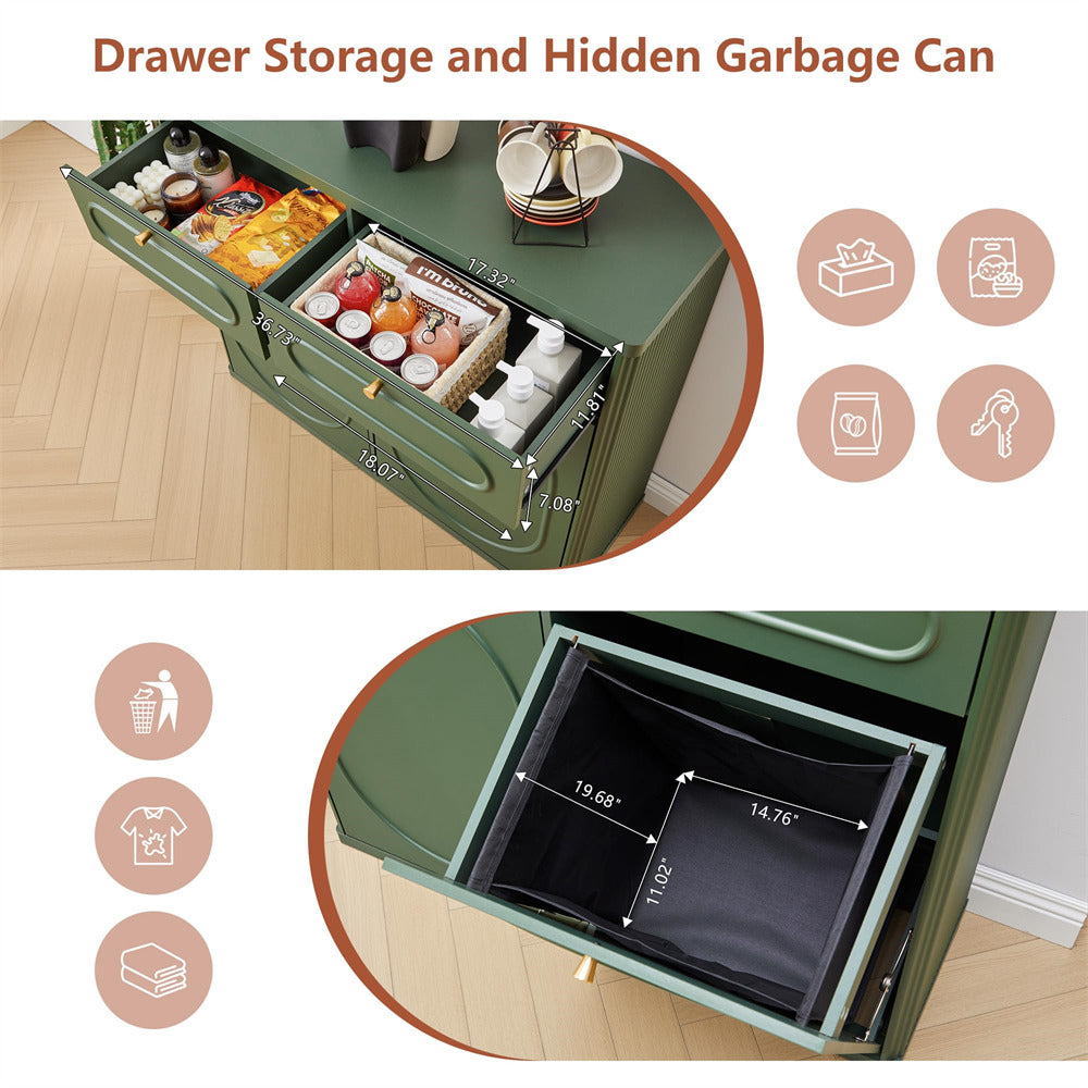 Green cabinet with open drawer showing storage and hidden garbage can feature.
