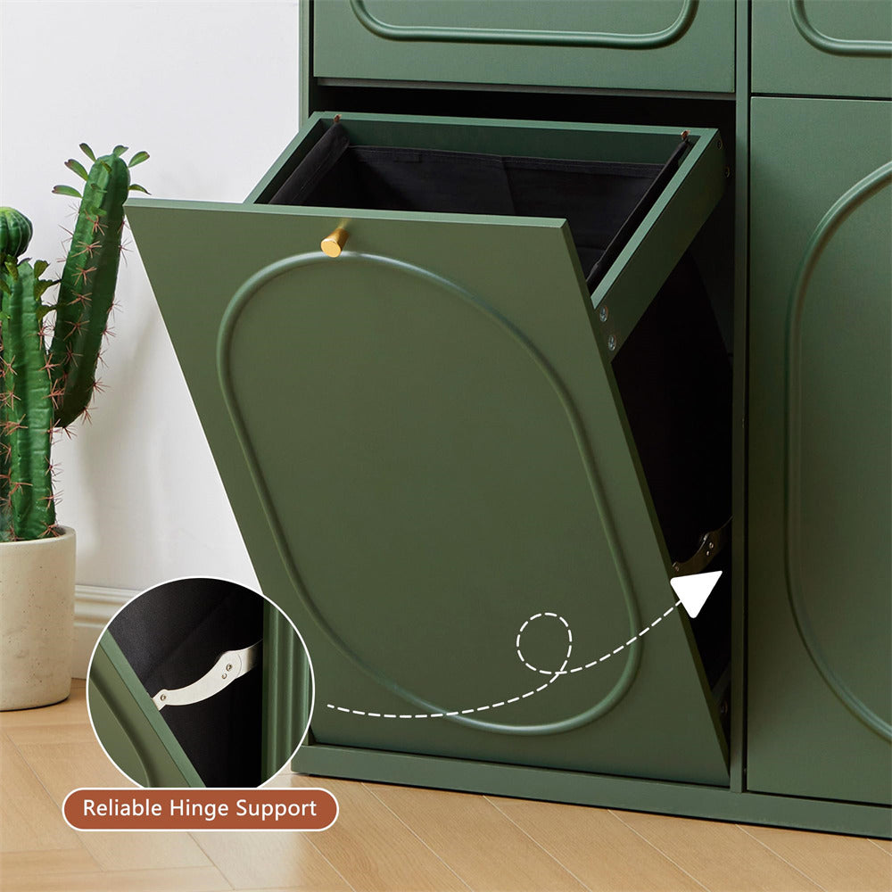 Green cabinet with a drawer open, showing a reliable hinge support feature.