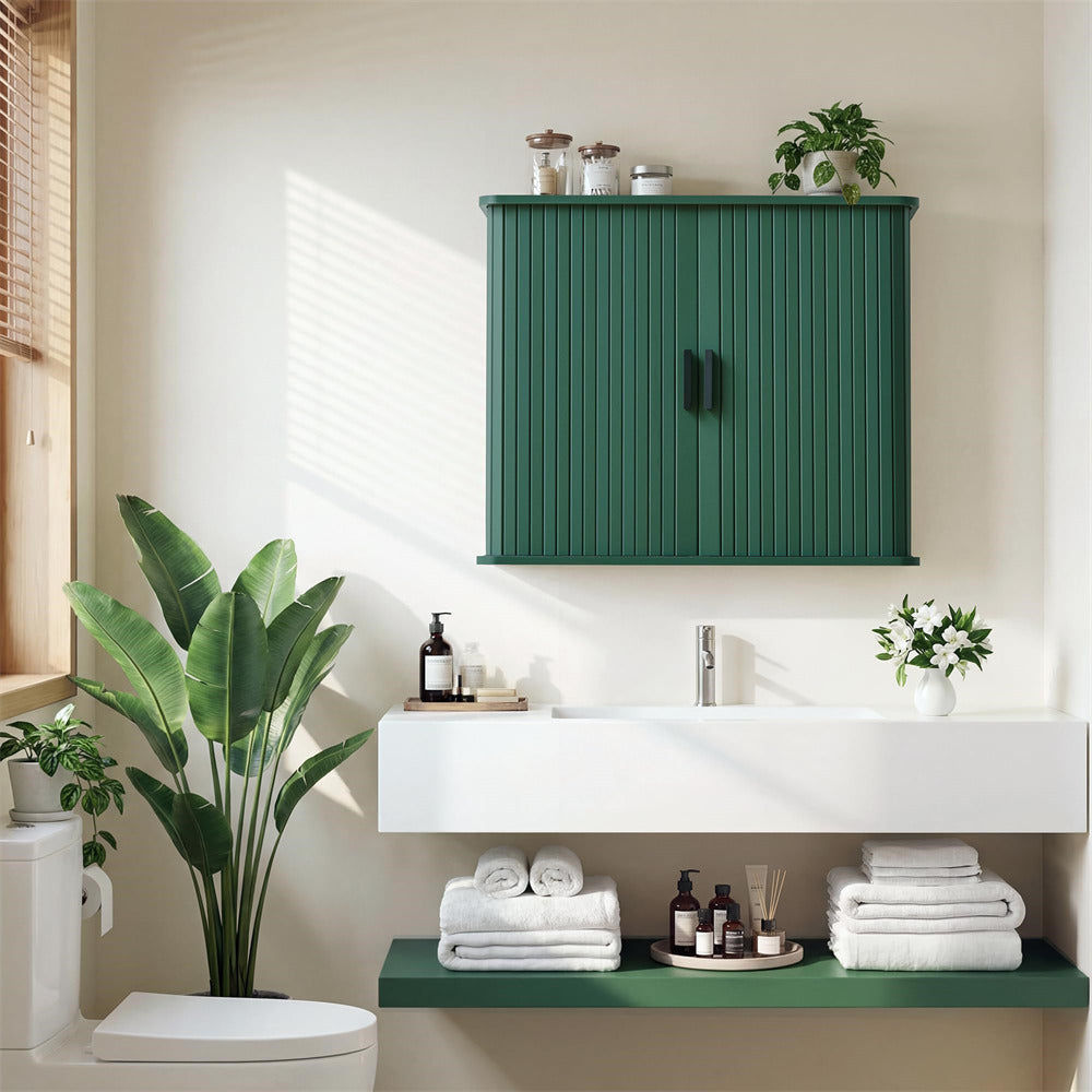 Green Fluted Wall Mounted Bathroom Cabinet with Sliding Doors