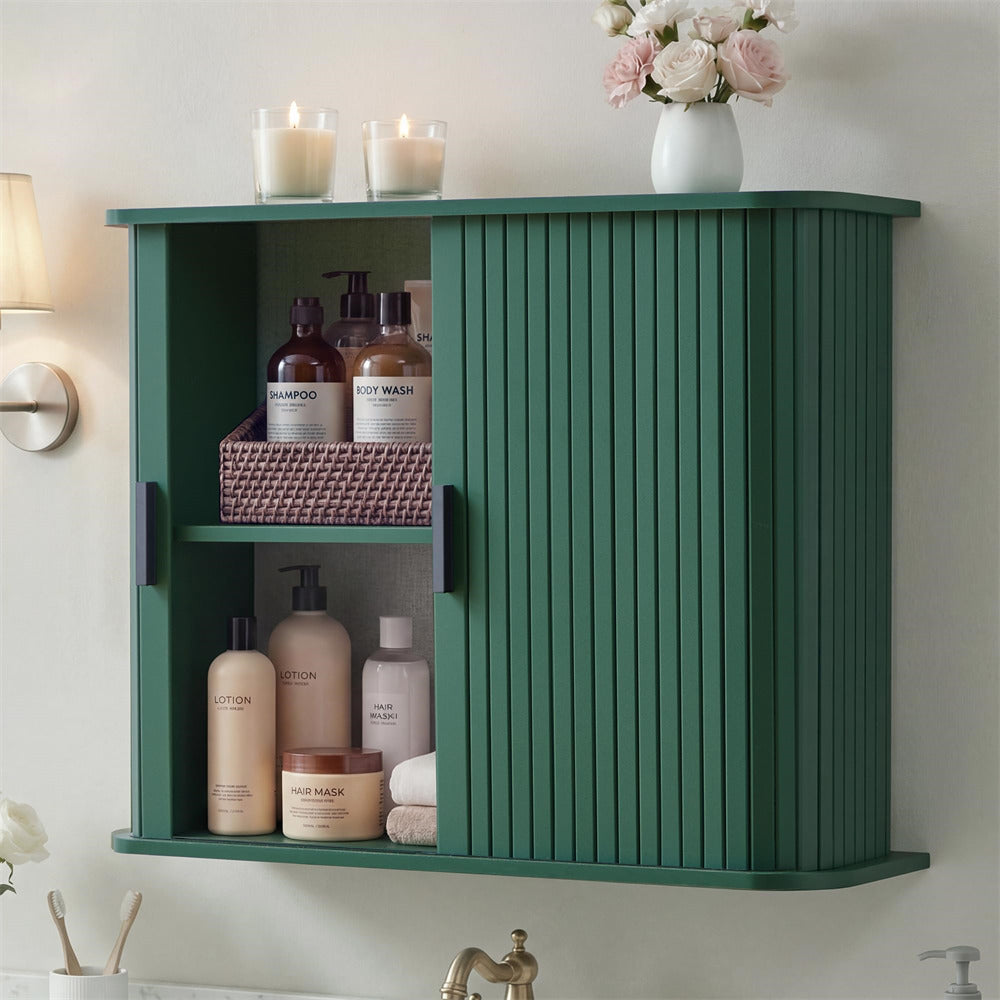 Green Fluted Wall Mounted Bathroom Cabinet with Sliding Doors