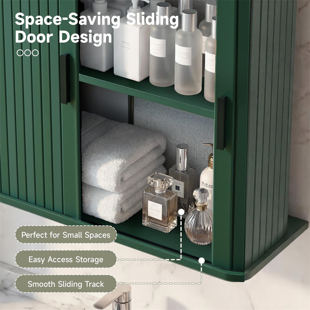 Green Fluted Wall Mounted Bathroom Cabinet with Sliding Doors