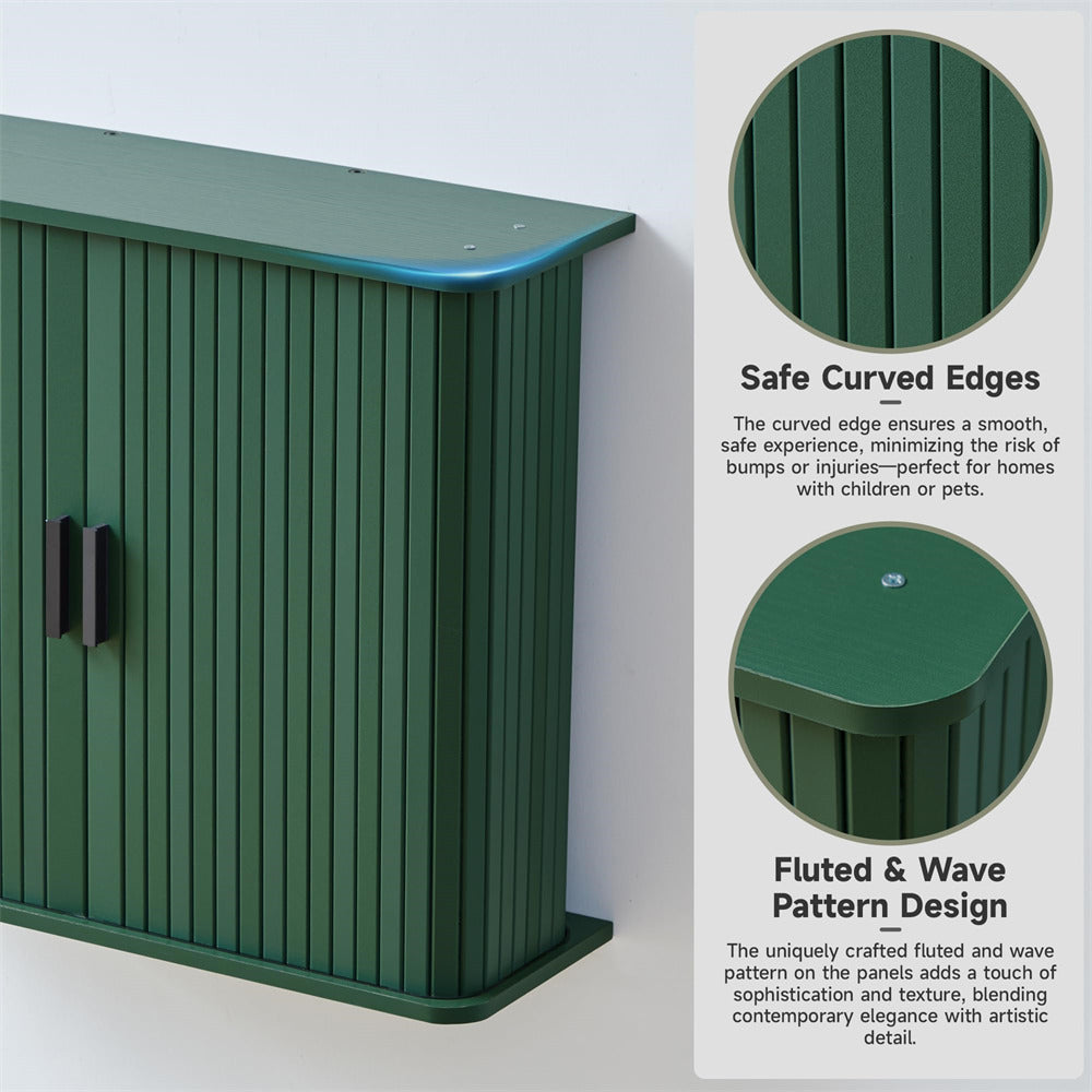 Green Fluted Wall Mounted Bathroom Cabinet with Sliding Doors