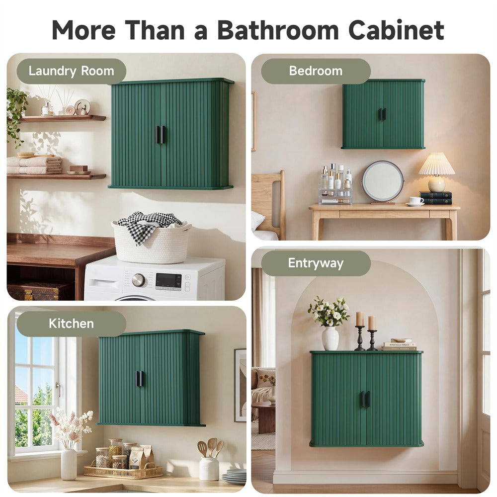 Green Fluted Wall Mounted Bathroom Cabinet with Sliding Doors