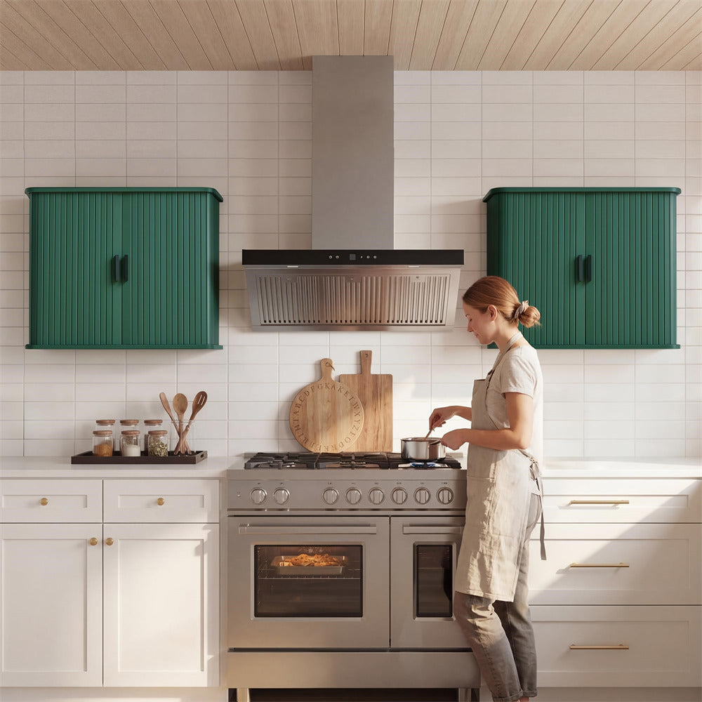 Green Fluted Wall Mounted Bathroom Cabinet with Sliding Doors