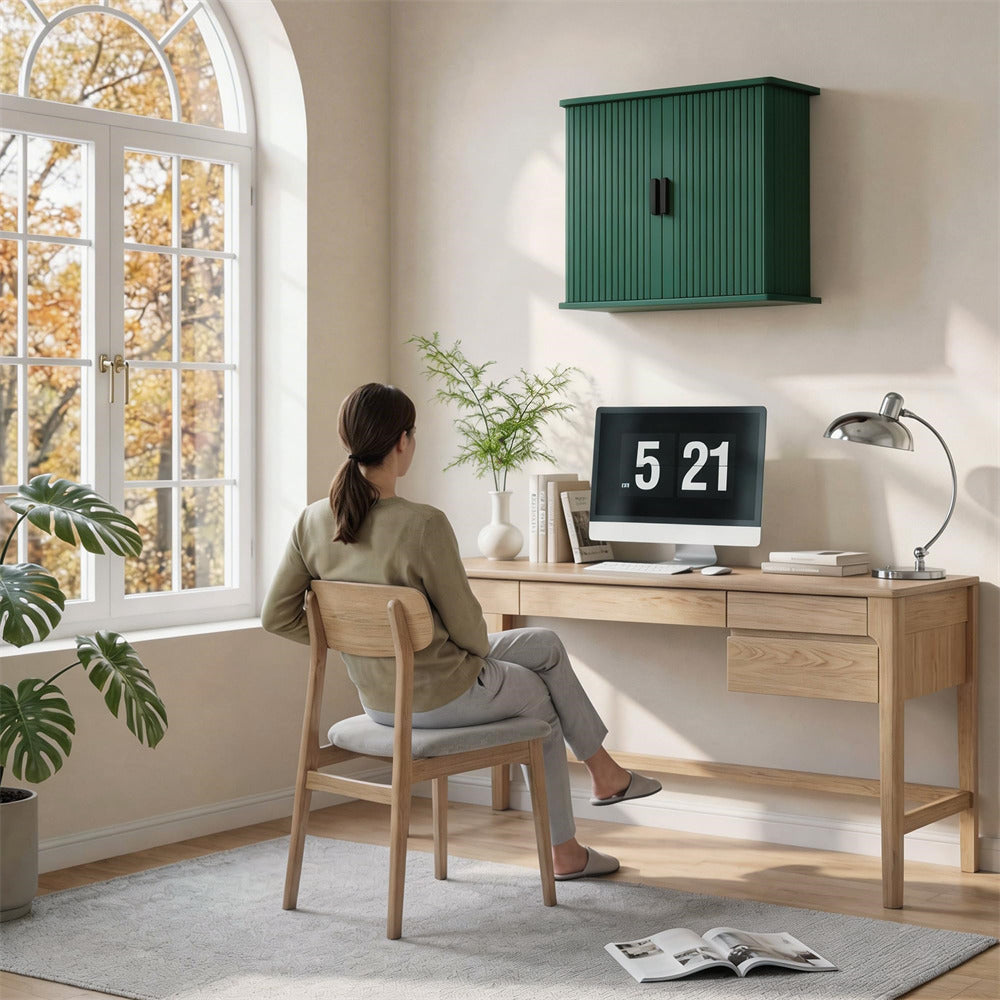 Green Fluted Wall Mounted Bathroom Cabinet with Sliding Doors