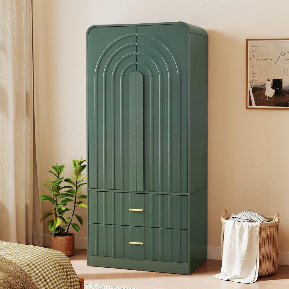 Green Freestanding Armoire Wardrobe Closet with Arched Fluted 2 Doors and 2 Storage Drawers