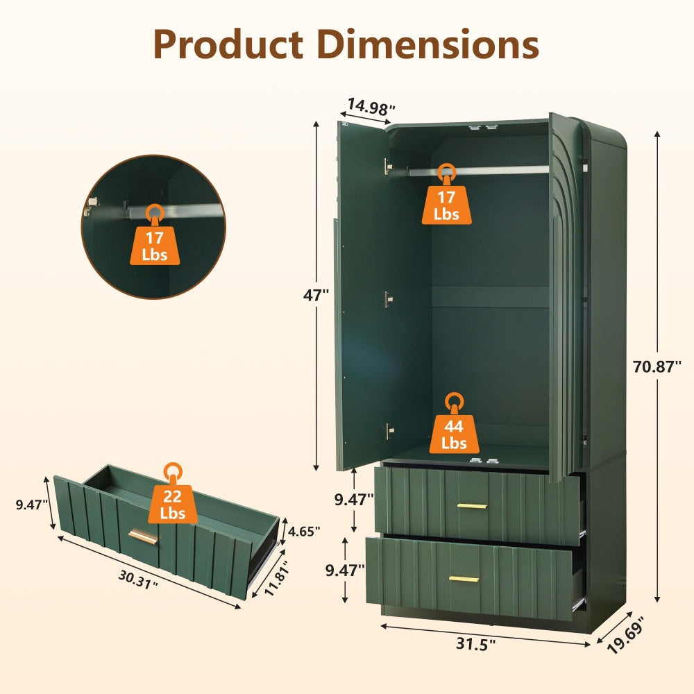 Green Freestanding Armoire Wardrobe Closet with Arched Fluted 2 Doors and 2 Storage Drawers Size