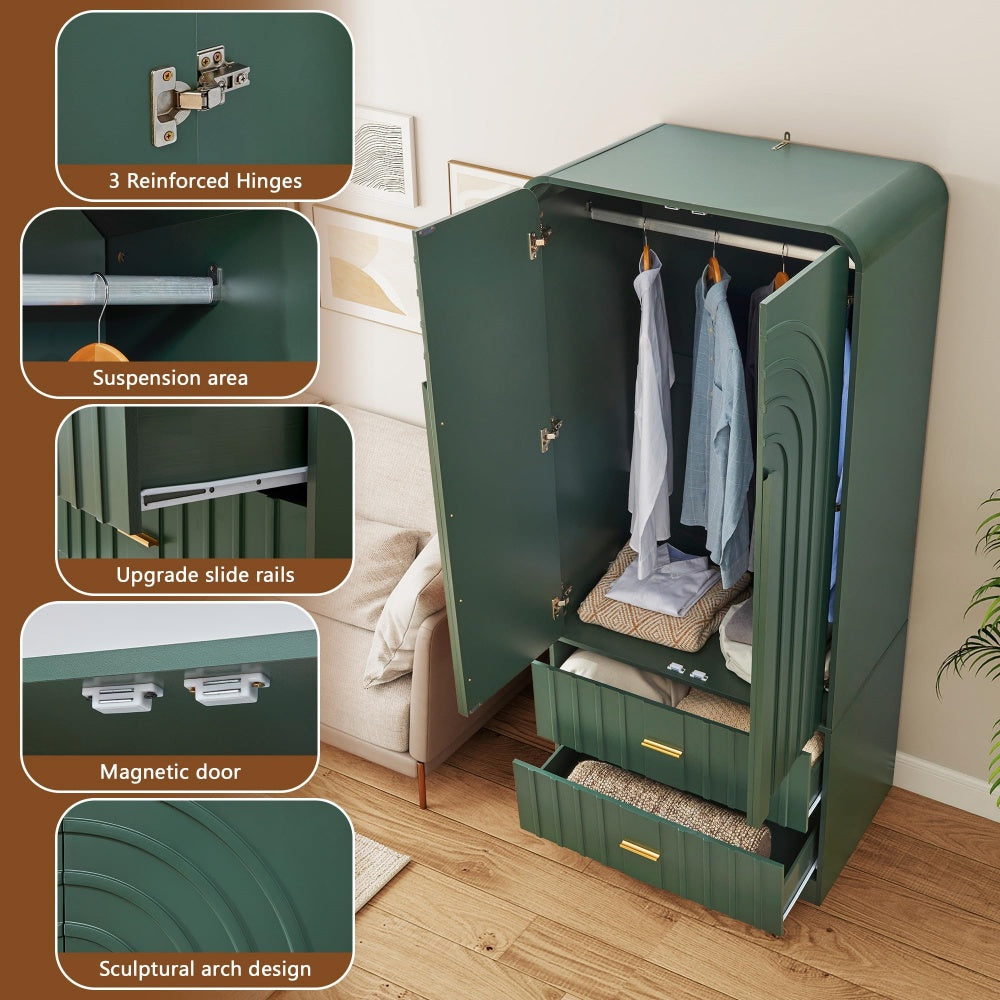 Green Freestanding Armoire Wardrobe Closet with Arched Fluted 2 Doors and 2 Storage Drawers