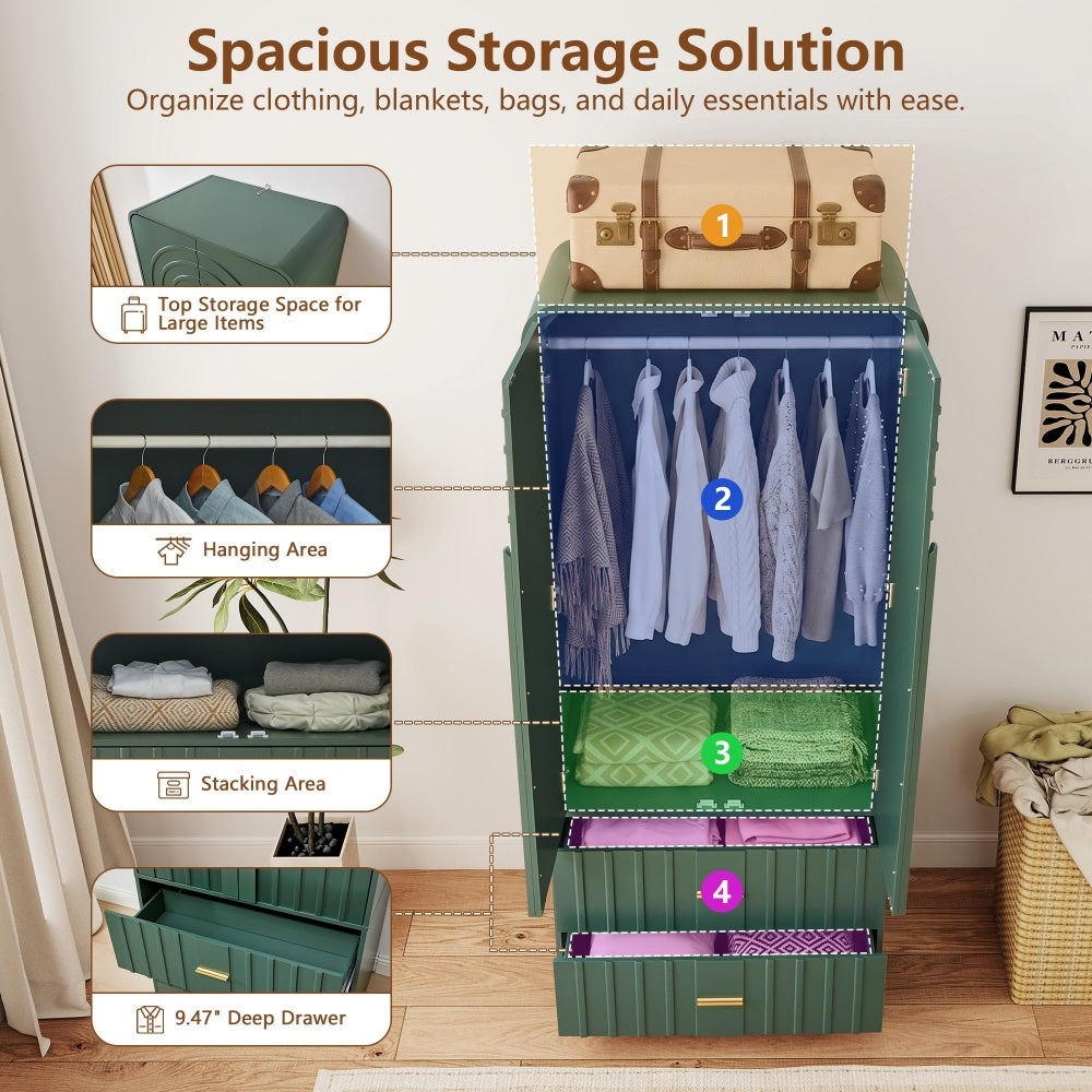 Green Freestanding Armoire Wardrobe Closet with Arched Fluted 2 Doors and 2 Storage Drawers