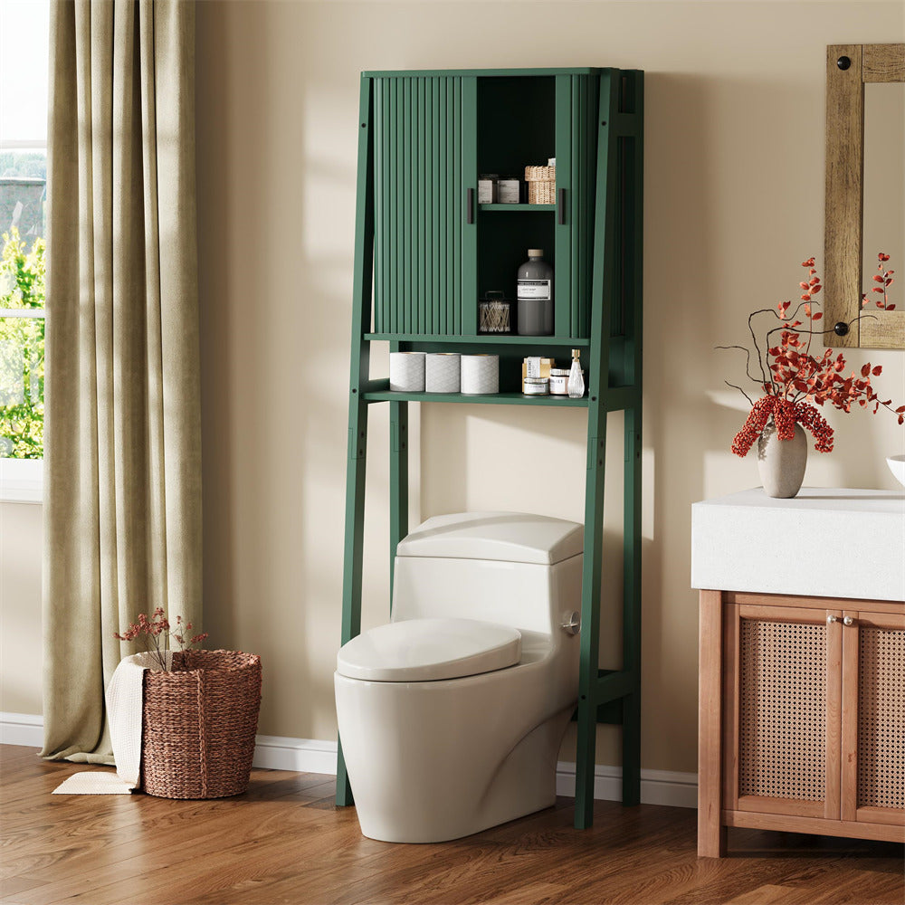 Green Freestanding Over Toilet Storage Rack Wall-Anchored Wooden Storage Cabinet
