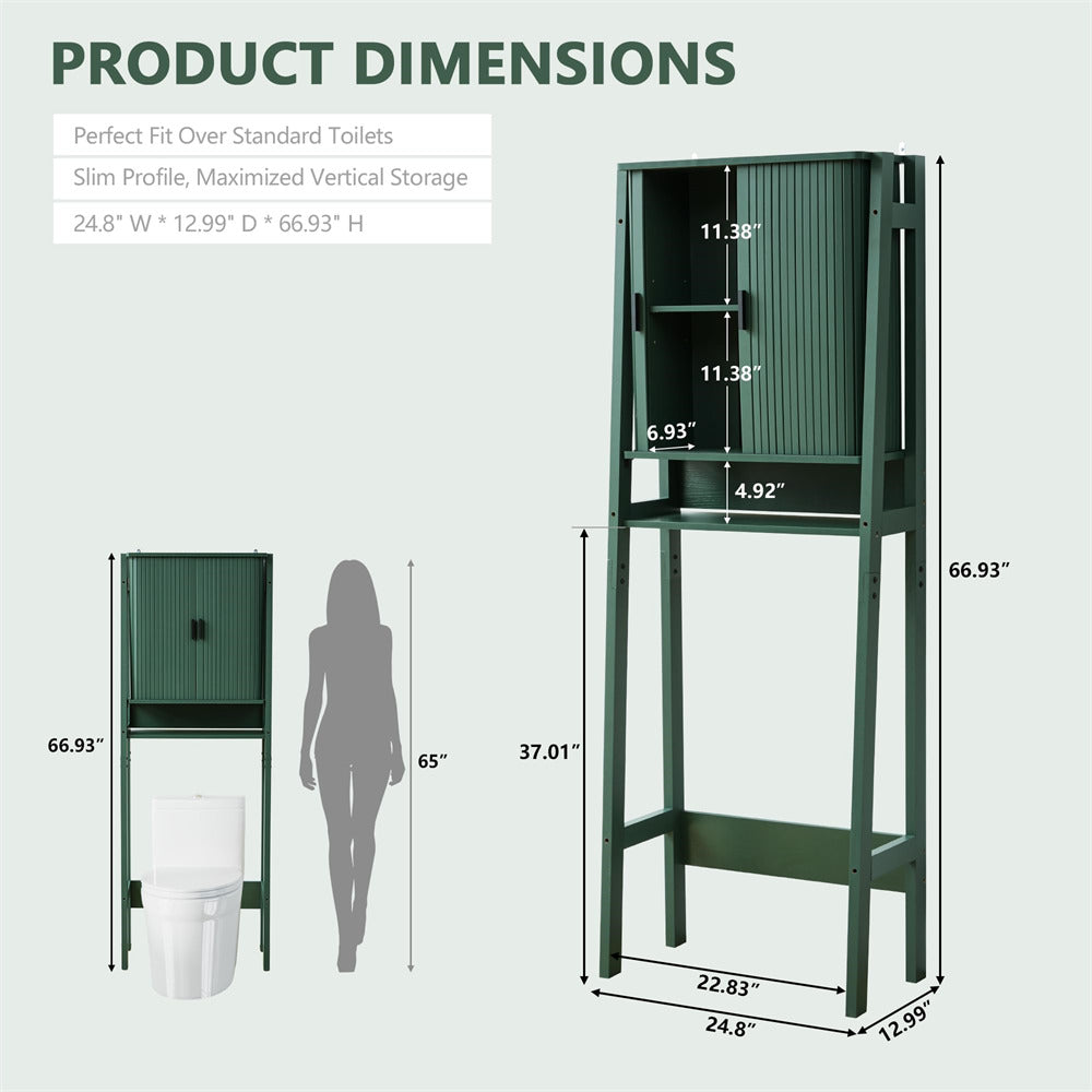 Green Freestanding Over Toilet Storage Rack Wall-Anchored Wooden Storage Cabinet