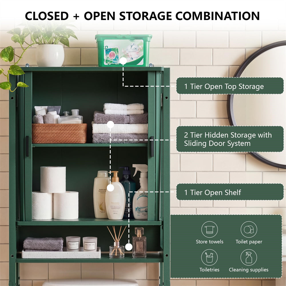 Green Freestanding Over Toilet Storage Rack Wall-Anchored Wooden Storage Cabinet