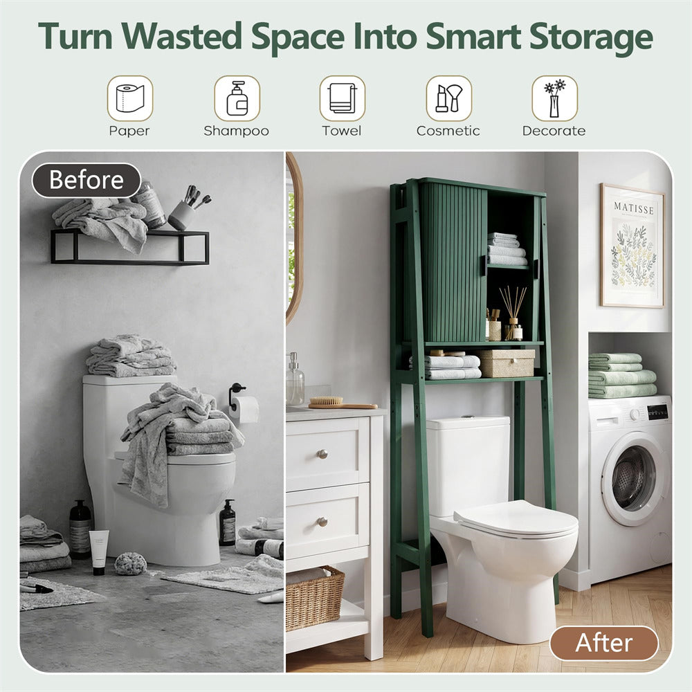 Green Freestanding Over Toilet Storage Rack Wall-Anchored Wooden Storage Cabinet