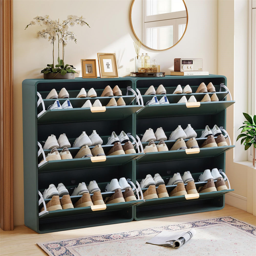 Green shoe rack with neatly arranged shoes in a room with decor elements.