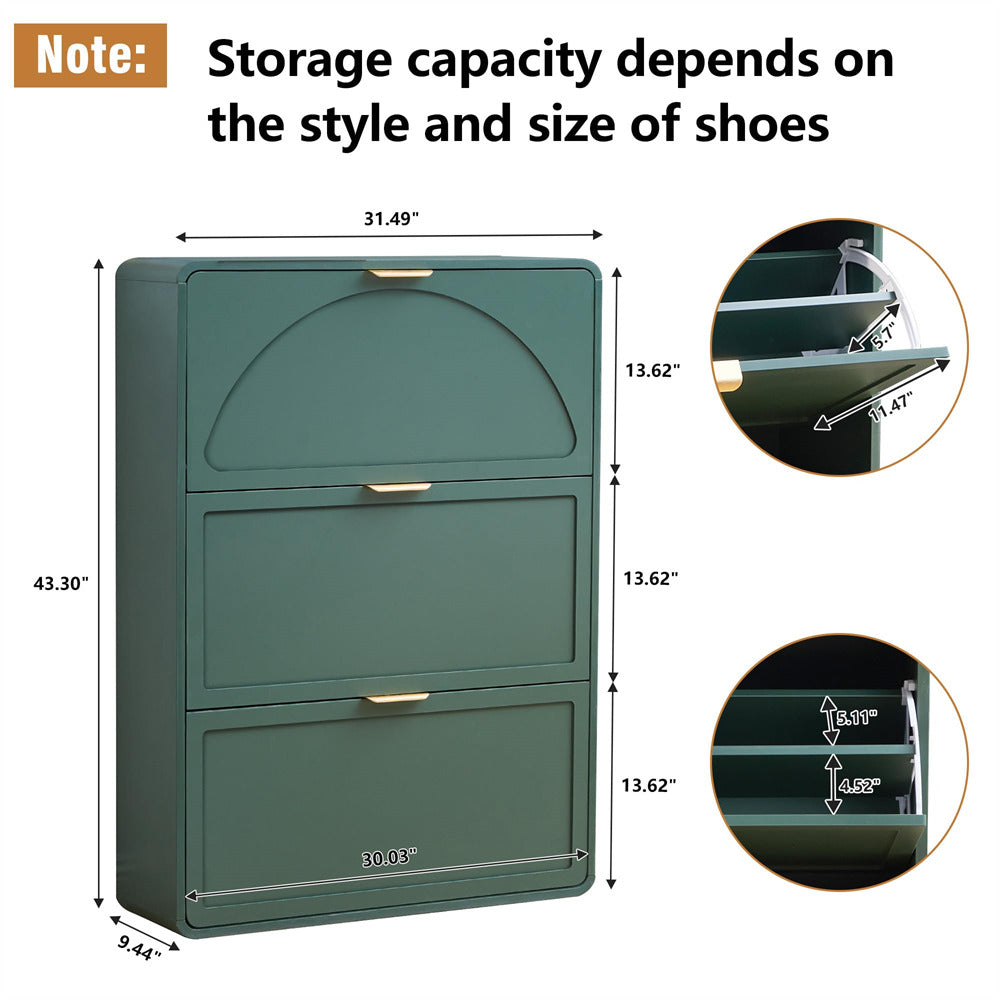 Green shoe storage cabinet with dimensions and inset images of shoe shelves.