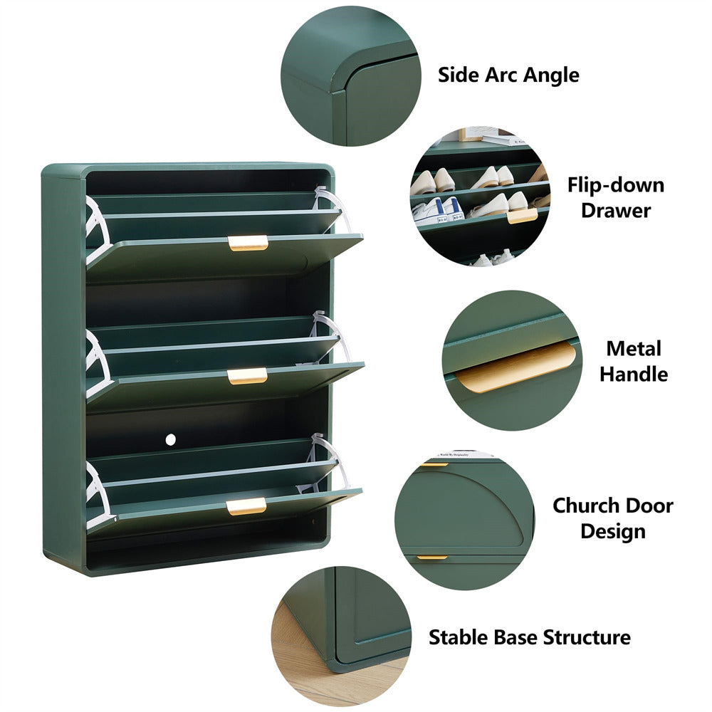 Green shoe rack with features highlighted on a white background