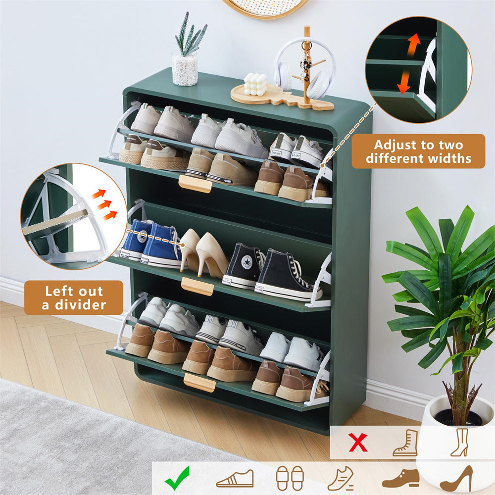 Green shoe rack with adjustable shelves displaying various shoes, plant, and decorative items.