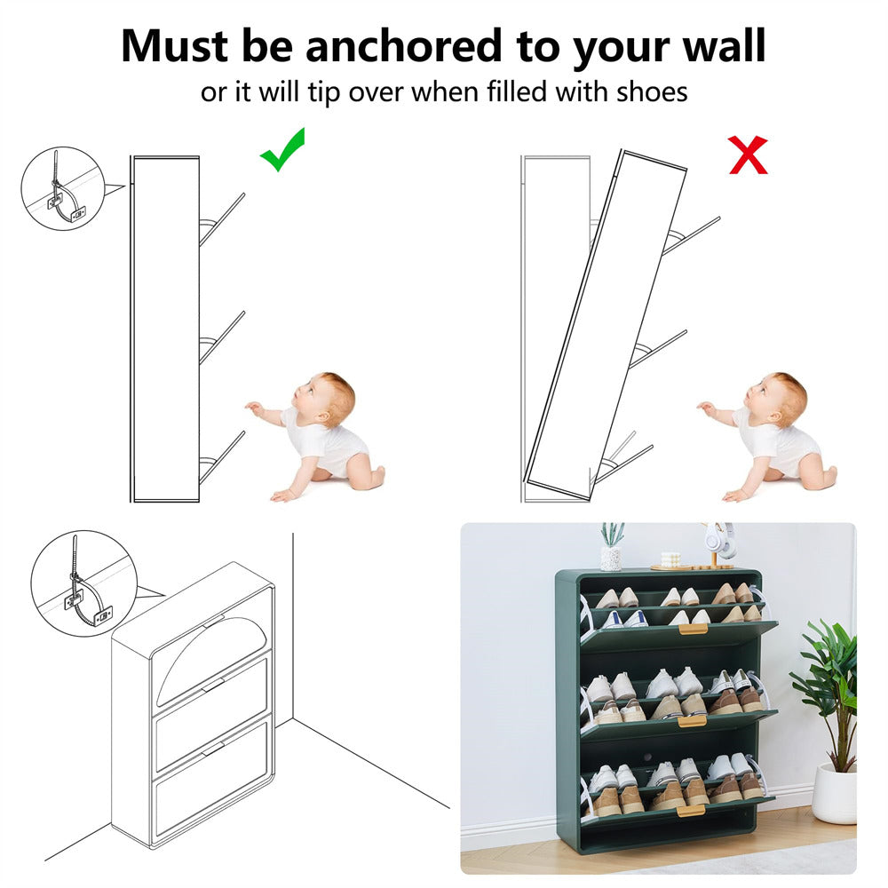 Shoe rack with anchoring instructions and a baby illustration to demonstrate stability.