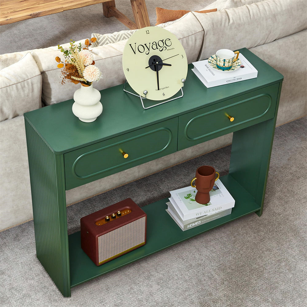 Green console table with decorative items in a living room setting